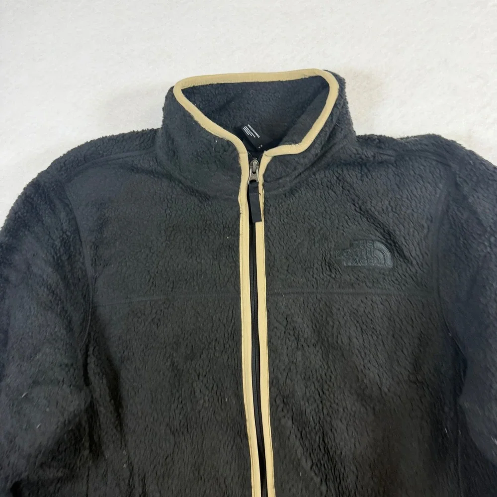 The North Face Mens Black Sherpa Fleece Full Zip Jacket Tan Trim Small 8061